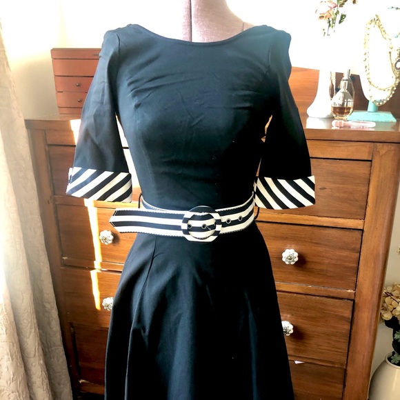 Tea length 50s style dress with striped belt/cuffs - Picture 1 of 4